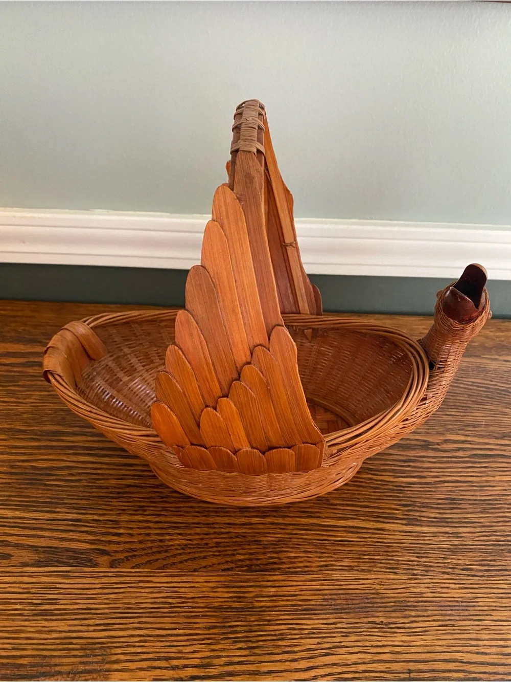 Vintage Woven Wicker Rattan Duck Basket Angled Neck Wood Beak Eyes